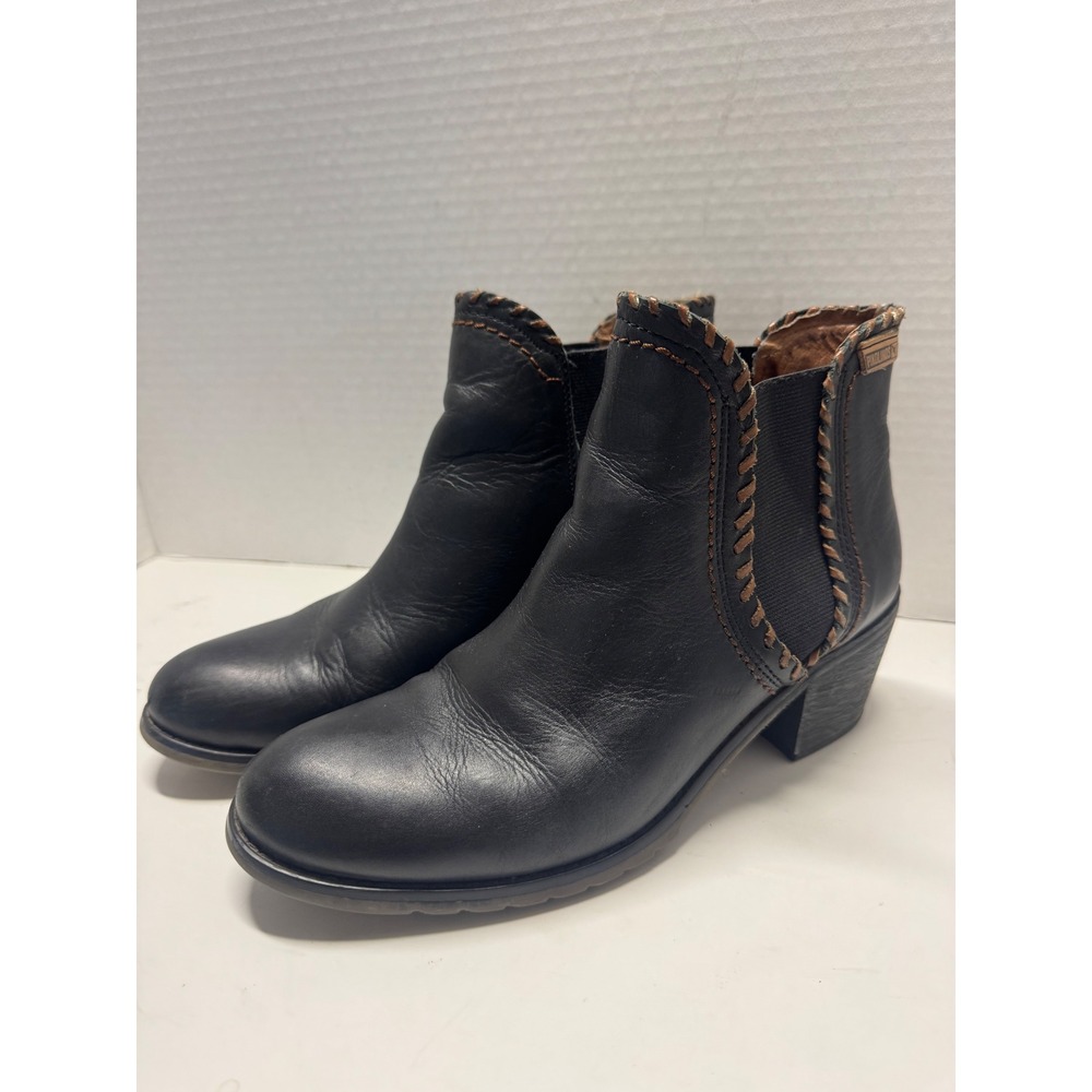Pikolinos Black Leather Whipstitch Ankle Boots Block Heel Size 37 6.5